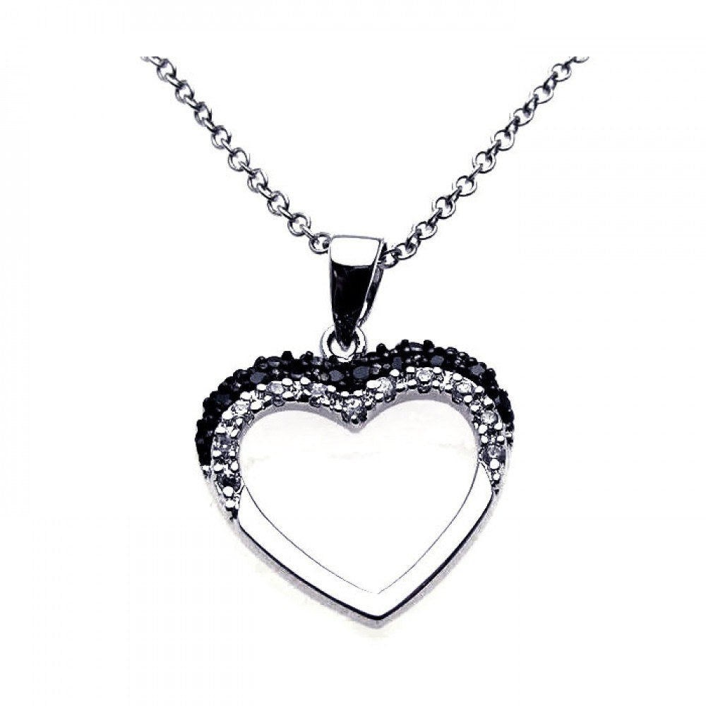 Sterling Silver Neckace with High Polished Classy Heart Inlaid with Clear and Black Czs Pendant