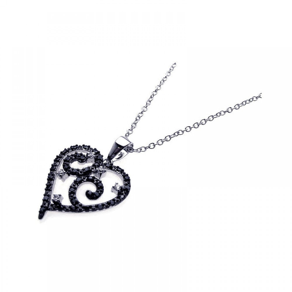 Sterling Silver Necklace with Stylish Curl Heart Inlaid with Clear and Black Czs Pendant