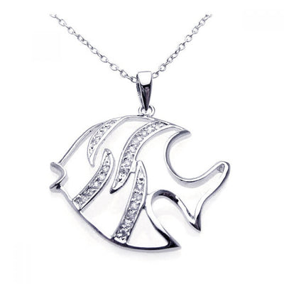 Sterling Silver Necklace with White Enamel Fish Inlaid with Clear Czs Pendant