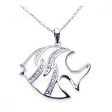 Sterling Silver Necklace with White Enamel Fish Inlaid with Clear Czs Pendant