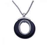 Sterling Silver Necklace with Open Round Black Onyx Pendant Inlaid with Clear Czs