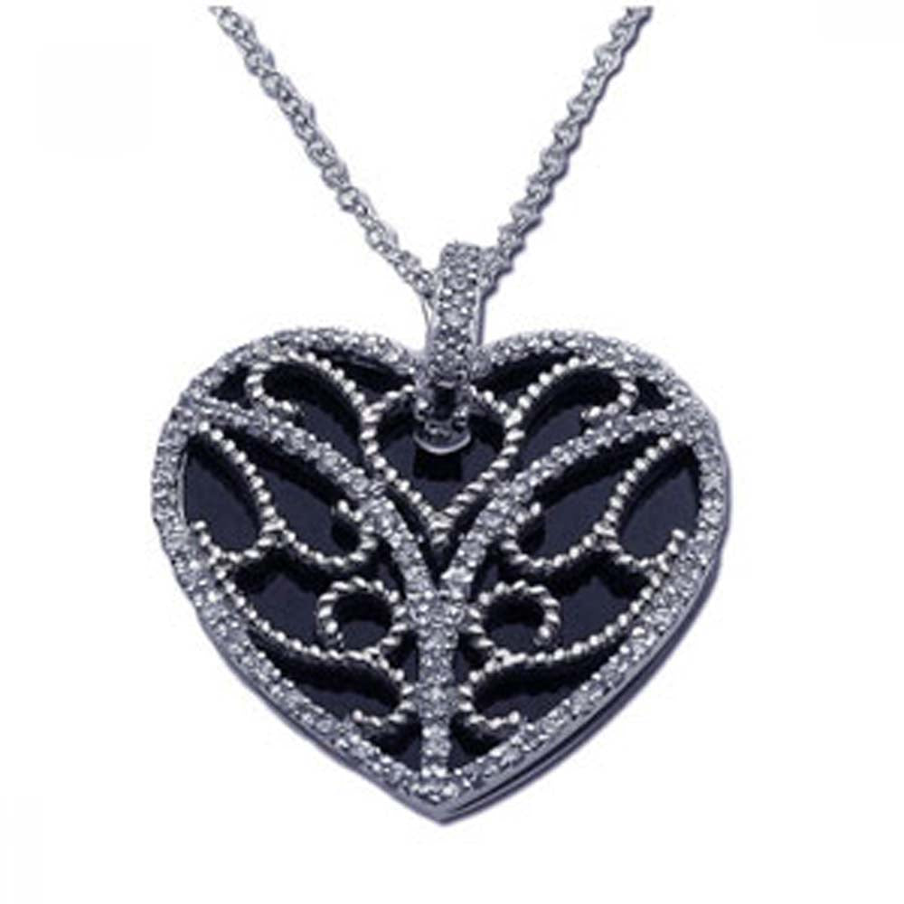 Sterling Silver Necklace with Antique Style Black Onyx Filigree Heart Inlaid with Clear Czs Pendant