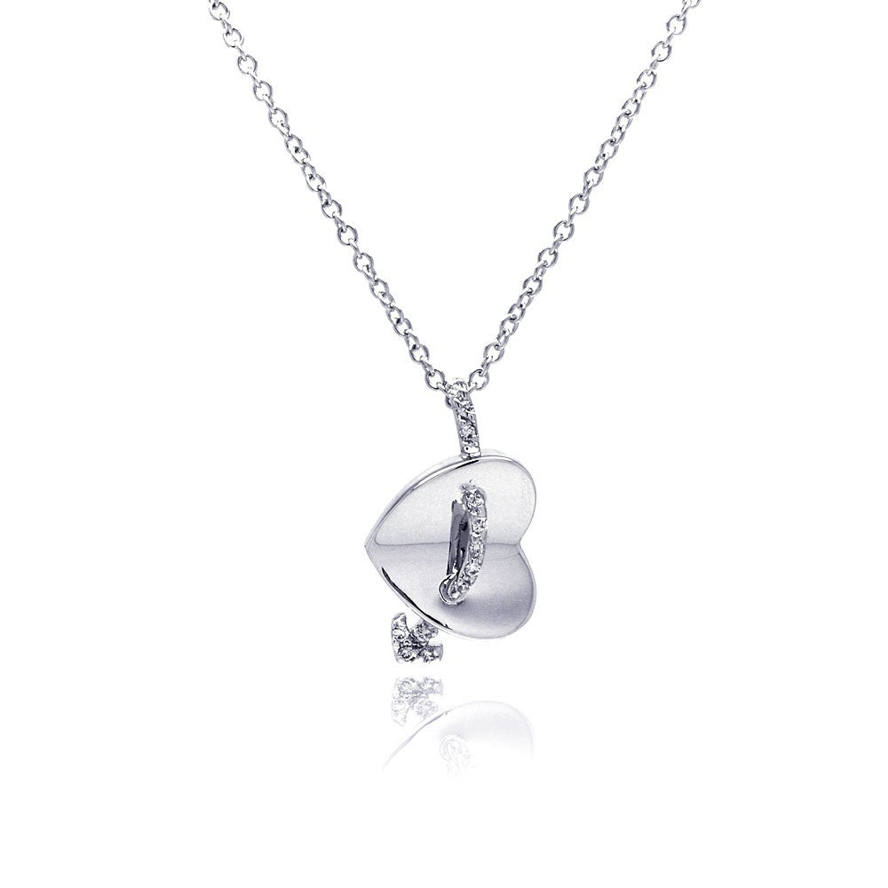 Sterling Silver Necklace with High Polished Sideways Heart and Paved Arrow Pendant