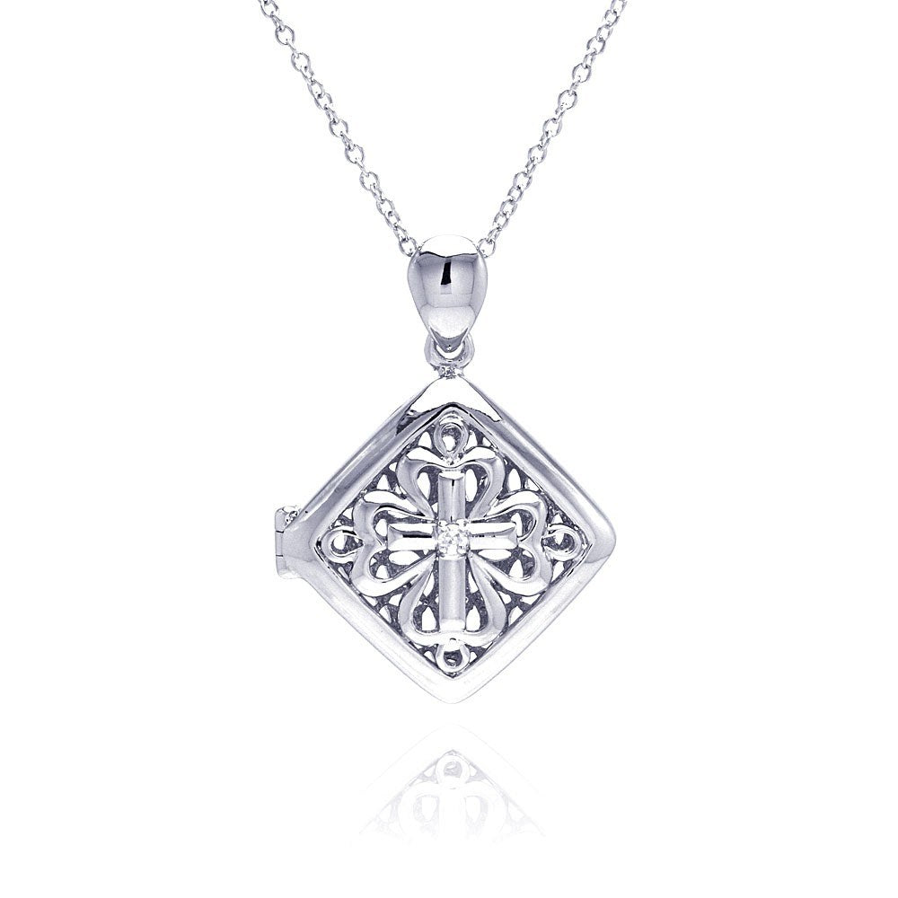 Sterling Silver Necklace with Cross Design with Centered Clear Cz Diamond Shaped Locket Pendant