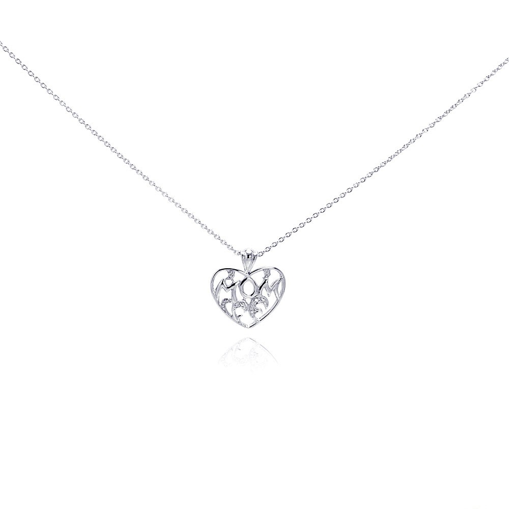 Sterling Silver Necklace with Fancy Heart  MOM  Inlaid with Clear Czs Pendant