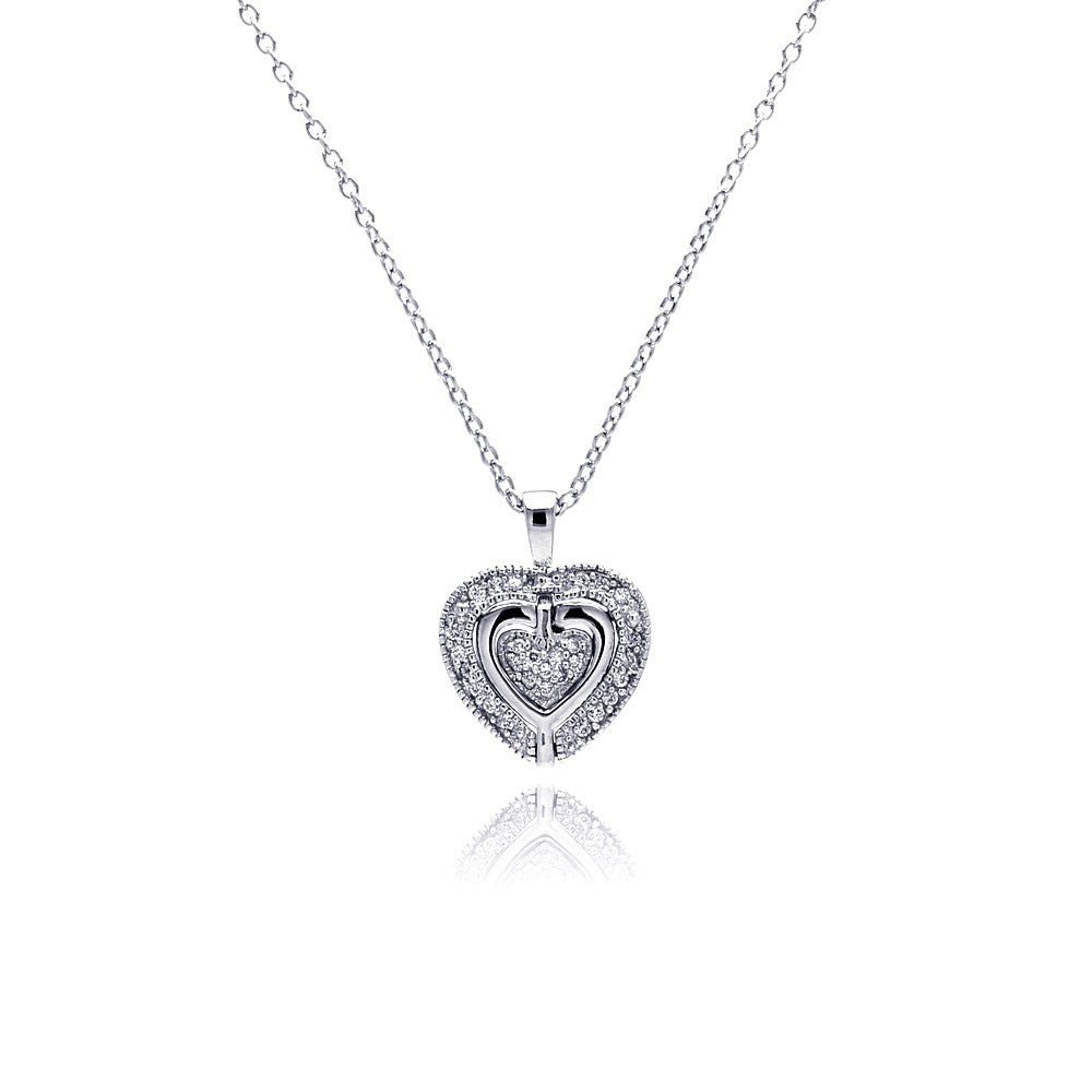 Sterling Silver Necklace with Classy Triple Layered Heart Inlaid with Clear Czs Pendant