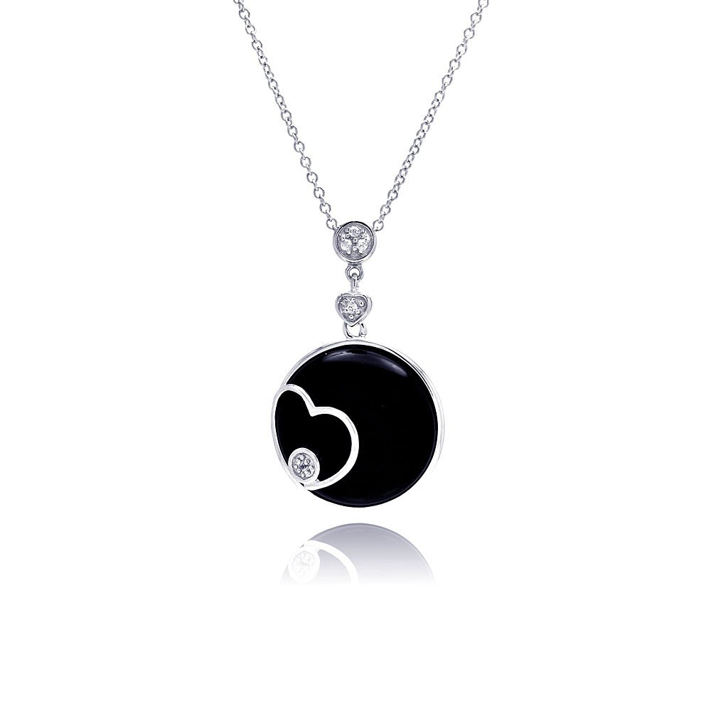 Sterling Silver Necklace with Black Onyx Pendant Inlaid with Single Clear Cz and Outlined Heart Design