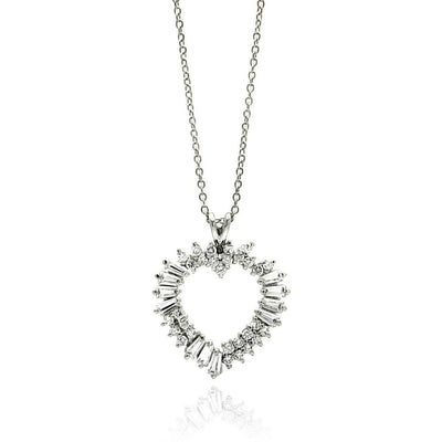 Sterling Silver Necklace with Baguette and Round Cut Clear Czs Heart Shaped Pendant