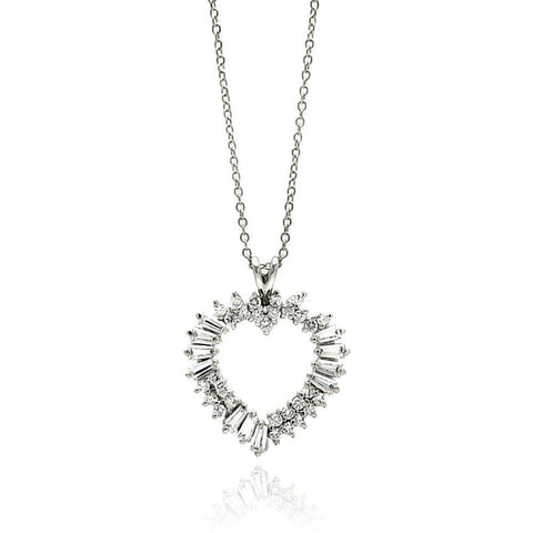 Sterling Silver Necklace with Baguette and Round Cut Clear Czs Heart Shaped Pendant