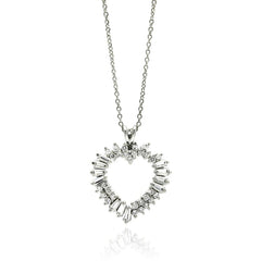 Sterling Silver Necklace with Baguette and Round Cut Clear Czs Heart Shaped Pendant