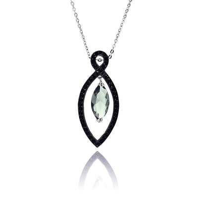 Sterling Silver Necklace with Paved Black Czs Marquise Shaped Pendant with Dangling Marquise Cut Light Green Cz