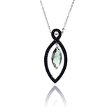 Sterling Silver Necklace with Paved Black Czs Marquise Shaped Pendant with Dangling Marquise Cut Light Green Cz