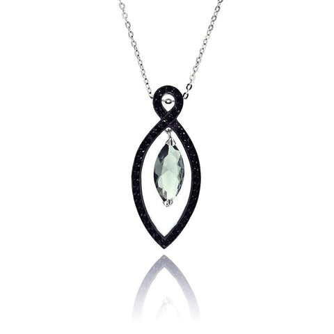 Sterling Silver Necklace with Paved Black Czs Marquise Shaped Pendant with Dangling Marquise Cut Light Green Cz