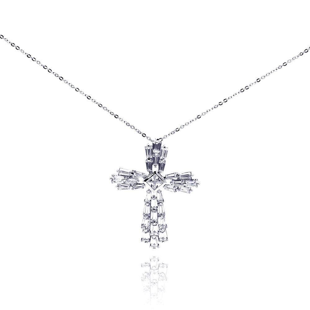 Sterling Silver Rhodium Plated Clear Cross CZ Necklace