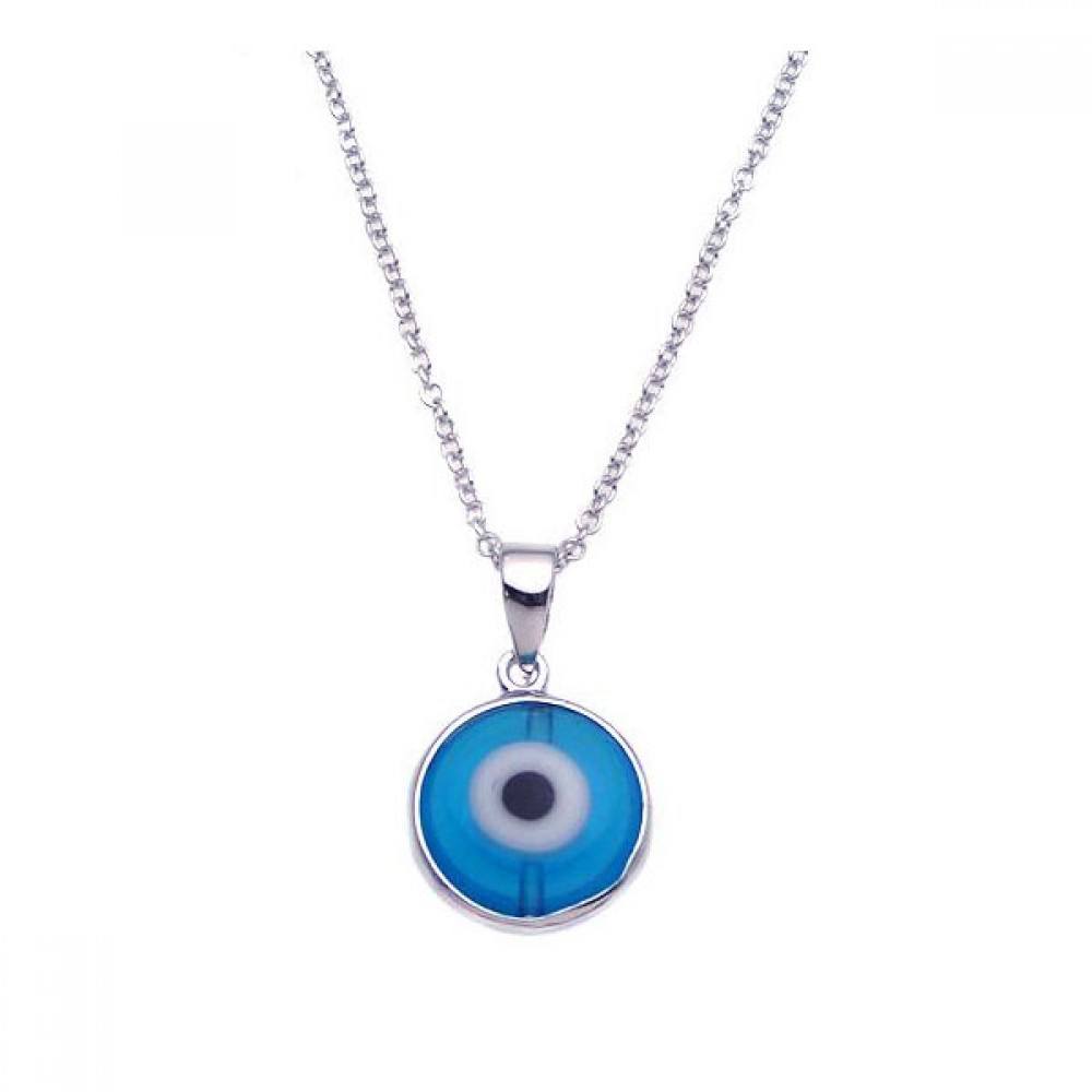 Sterling Silver Necklace with Round Plain Blue Evil Eye Pendant