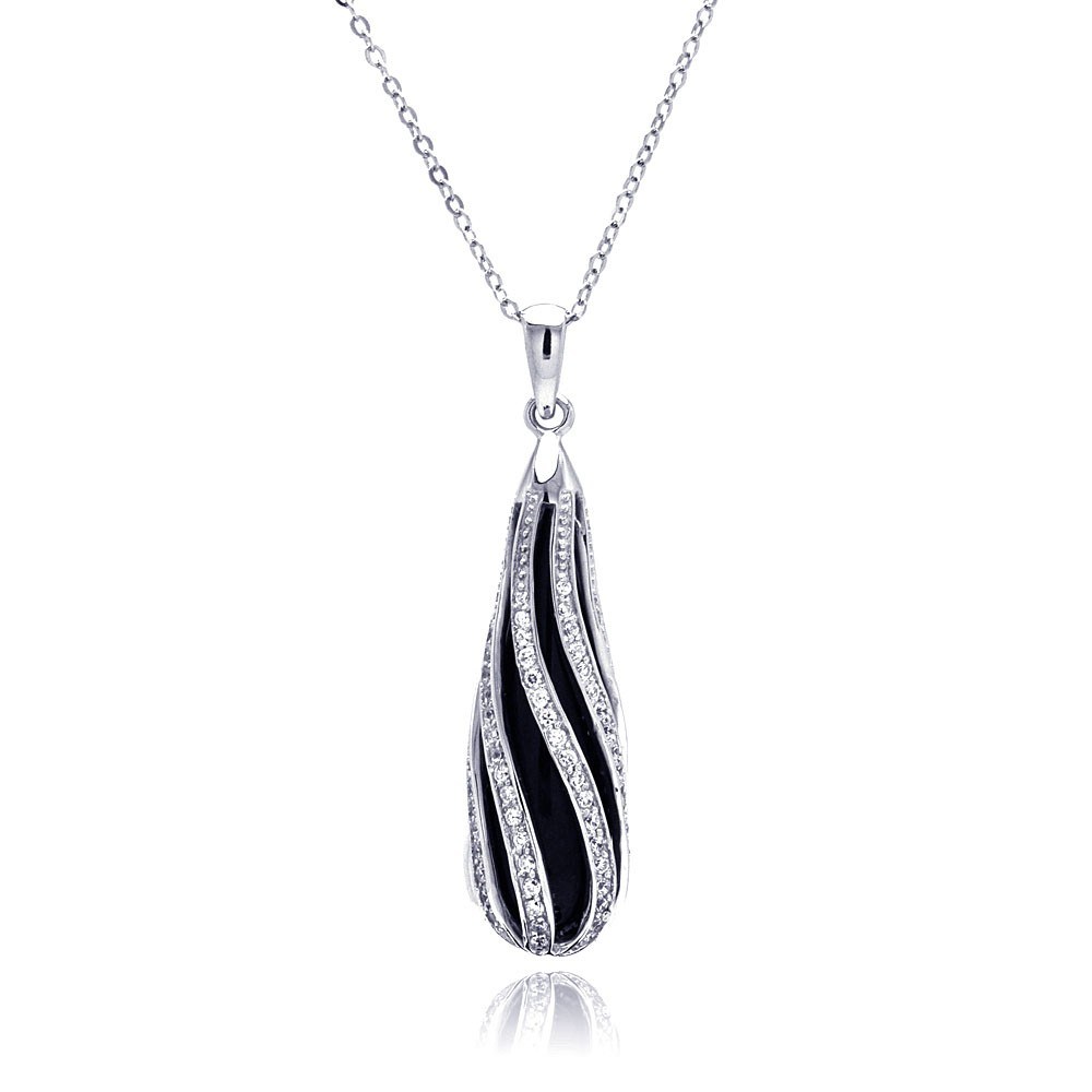 Sterling Silver Necklace with Elegant Teardrop Black Onyx Pendant Inlaid with Striped Curved Czs Design