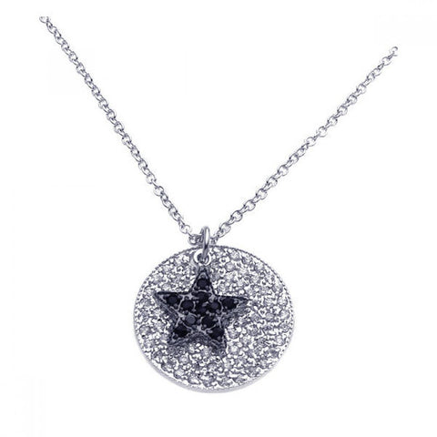 Sterling Silver Necklace with Paved Clear Czs Round Plate Inlaid with Black Czs Star Design Pendant