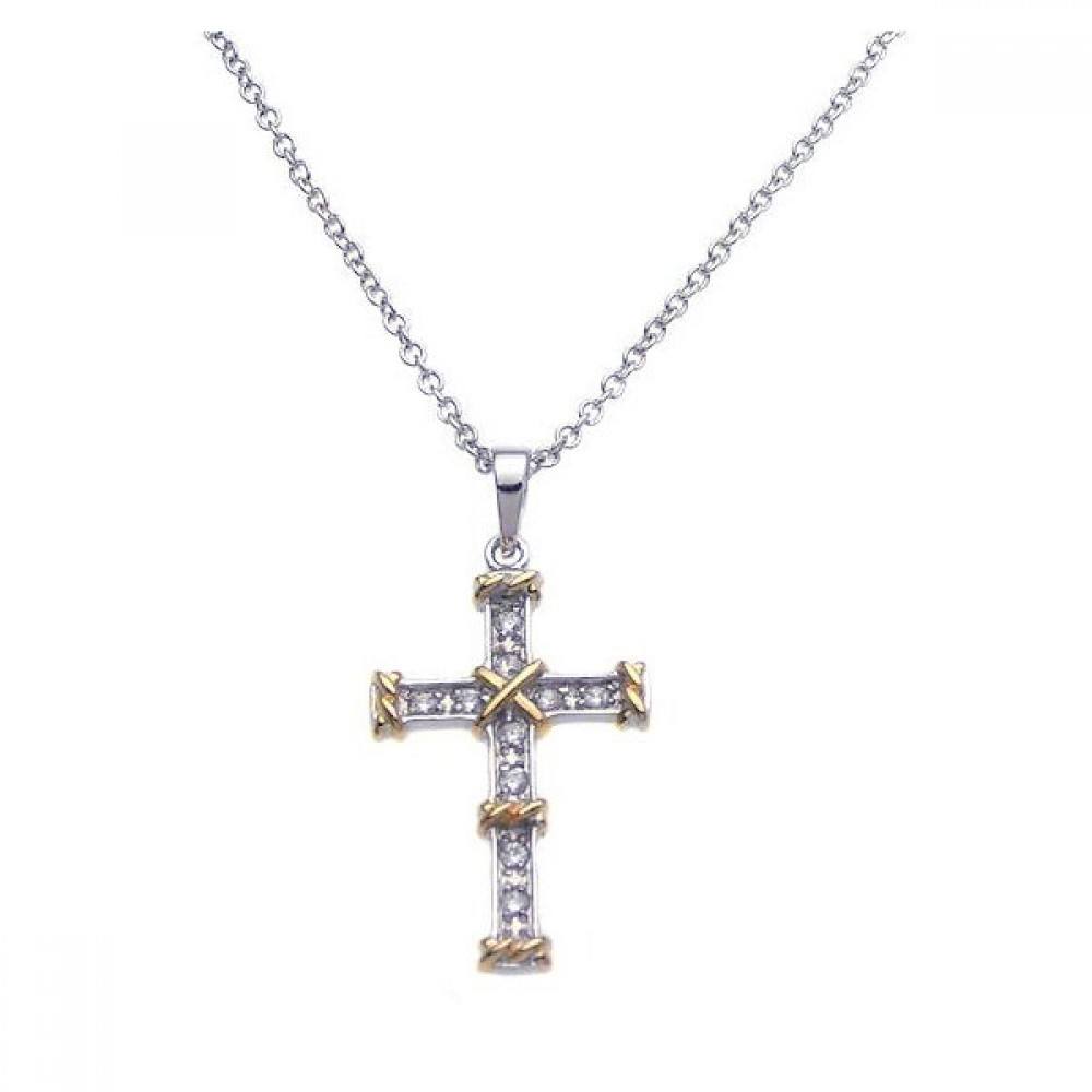 Sterling Silver Gold and Rhodium Plated Cross CZ Necklace