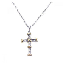 Load image into Gallery viewer, Sterling Silver Gold and Rhodium Plated Cross CZ Necklace