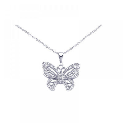 Sterling Silver Antique Style Open Butterfly Inlaid with Clear Czs Pendant