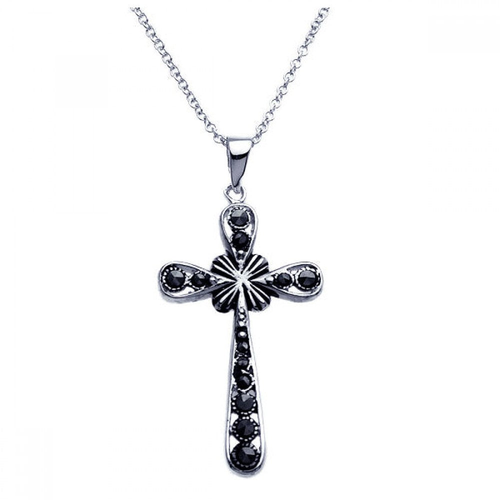 Sterling Silver Black Rhodium Plated Cross CZ Dangling Necklace