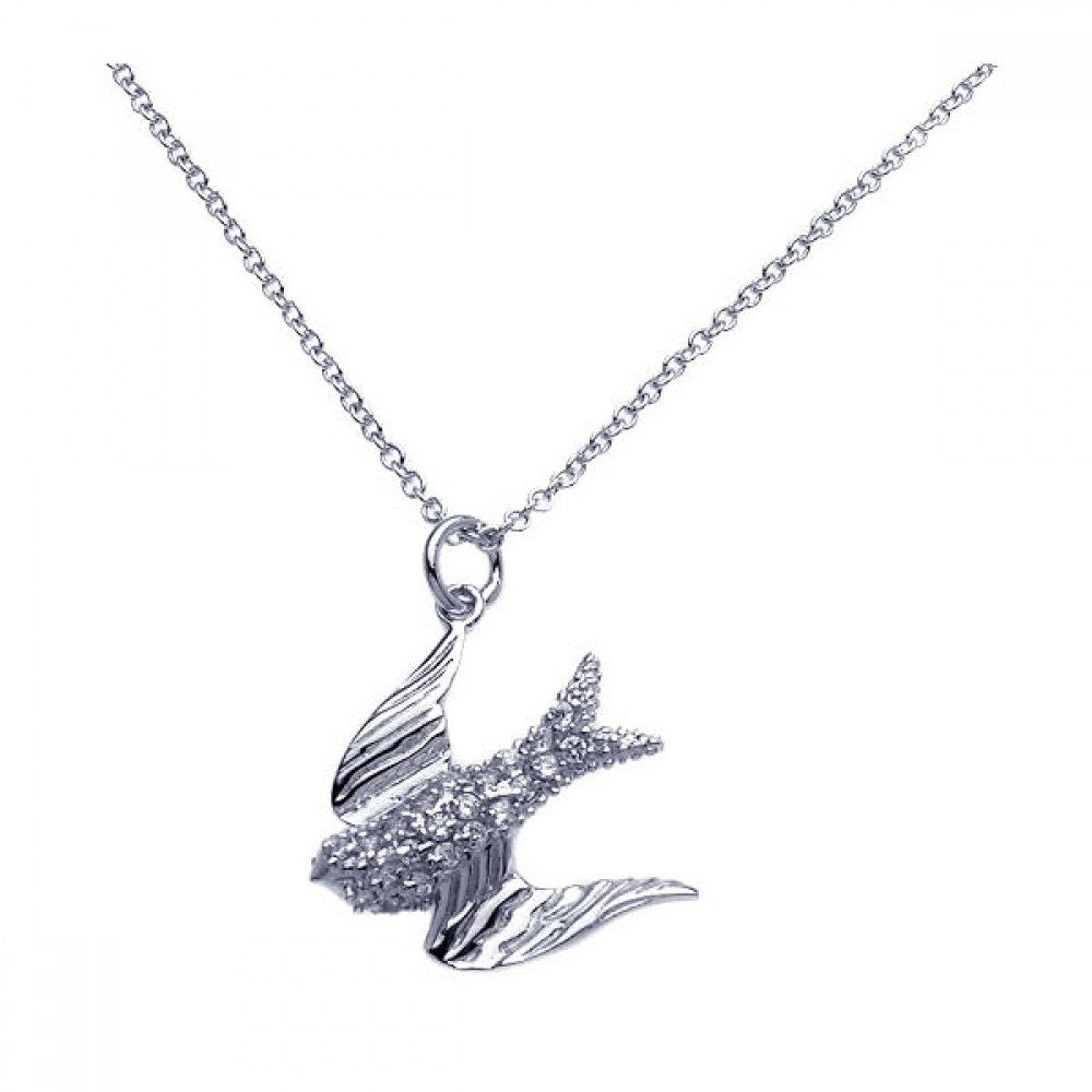 Sterling Silver Necklace with Fancy Paved Czs Dove Pendant