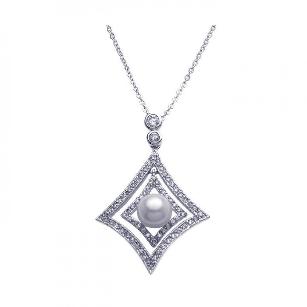 Sterling Silver Necklace with Classy Paved Cz Cut-Out Diamond Shaped with Centered White Pearl Pendant