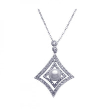 Load image into Gallery viewer, Sterling Silver Necklace with Classy Paved Cz Cut-Out Diamond Shaped with Centered White Pearl Pendant