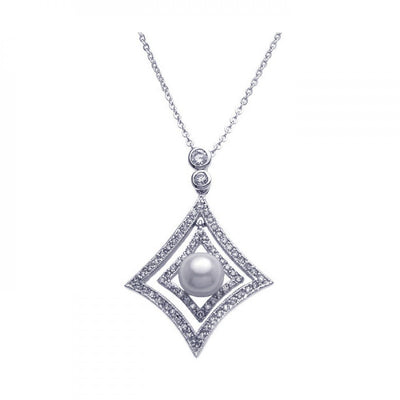 Sterling Silver Necklace with Classy Paved Cz Cut-Out Diamond Shaped with Centered White Pearl Pendant