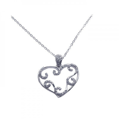 Sterling Silver Necklace with Classy Filigree Heart Inlaid with Clear Czs Pendant