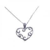 Sterling Silver Necklace with Classy Filigree Heart Inlaid with Clear Czs Pendant