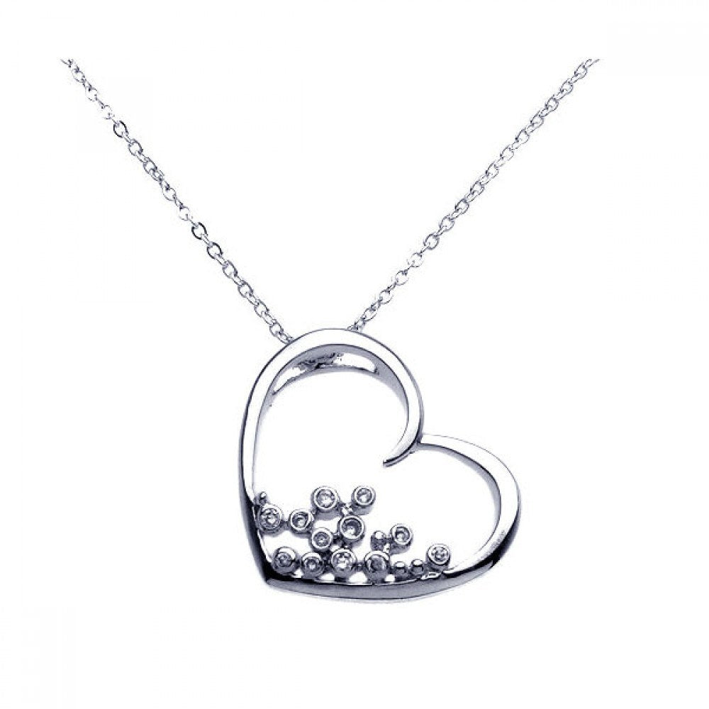 Sterling Silver Necklace with Sideways Open Heart Inlaid with Multi Round Cut Clear Cz on Bezel Setting Pendant