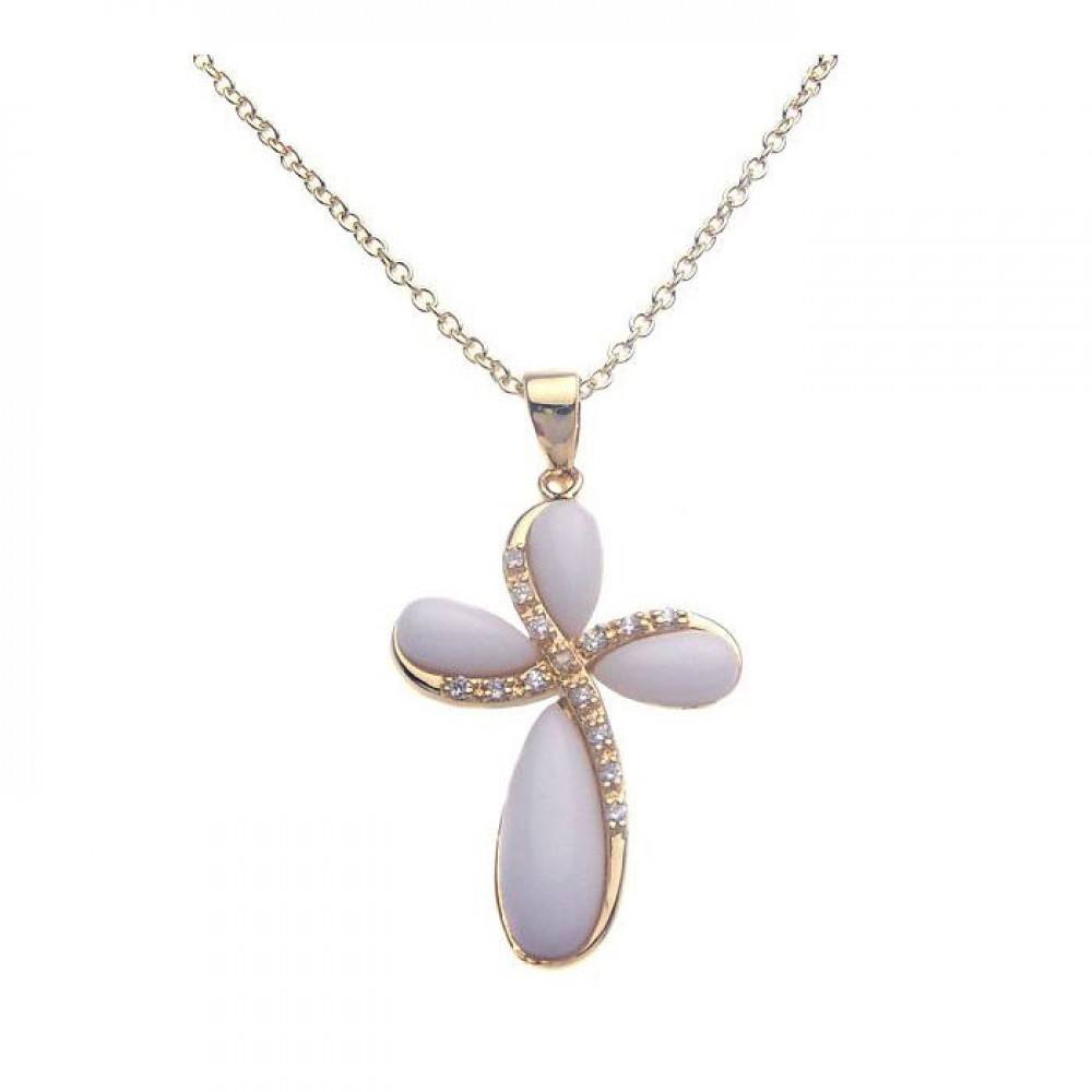 Sterling Silver Gold Plated Ivory Cross CZ Necklace