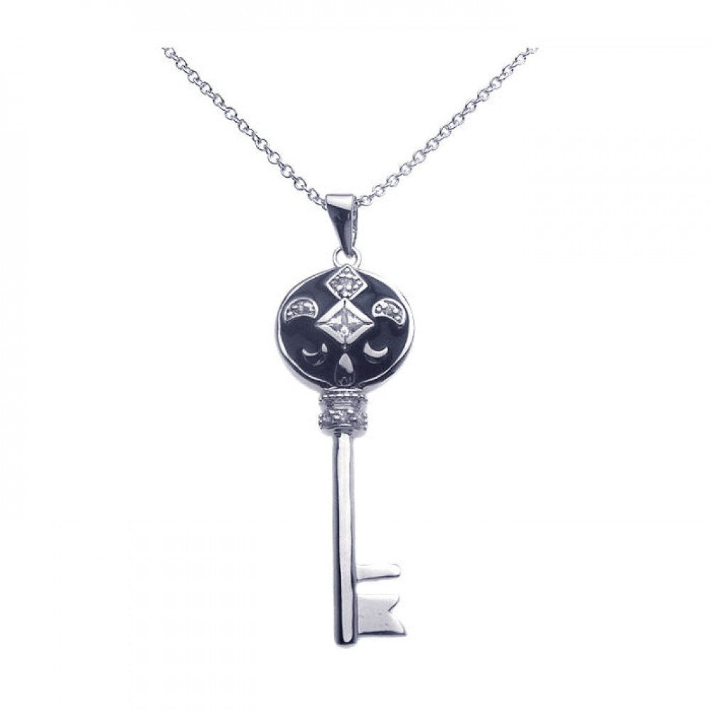 Sterling Silver Necklace with Black Enamel Key Moon and Diamond Design Inlaid with Clear Czs Pendant