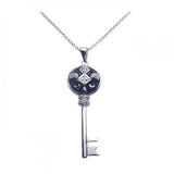 Sterling Silver Necklace with Black Enamel Key Moon and Diamond Design Inlaid with Clear Czs Pendant