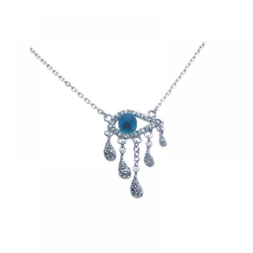 Sterling Silver Necklace with Fancy Blue Evil Eye and Multi Cz Drop Dangling Pendant