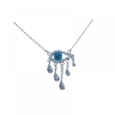 Sterling Silver Necklace with Fancy Blue Evil Eye and Multi Cz Drop Dangling Pendant