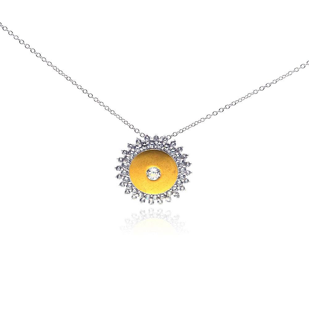 Sterling Silver Necklace with Two-Toned Sun Pendant Inlaid with Clear Czs