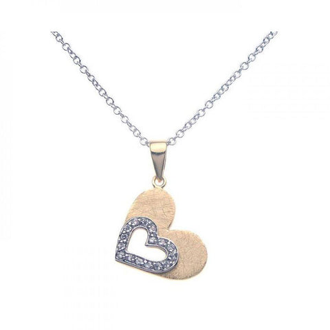 Sterling Silver Necklace with Gold Plated Trendy Heart Inlaid with Clear Czs Pendant