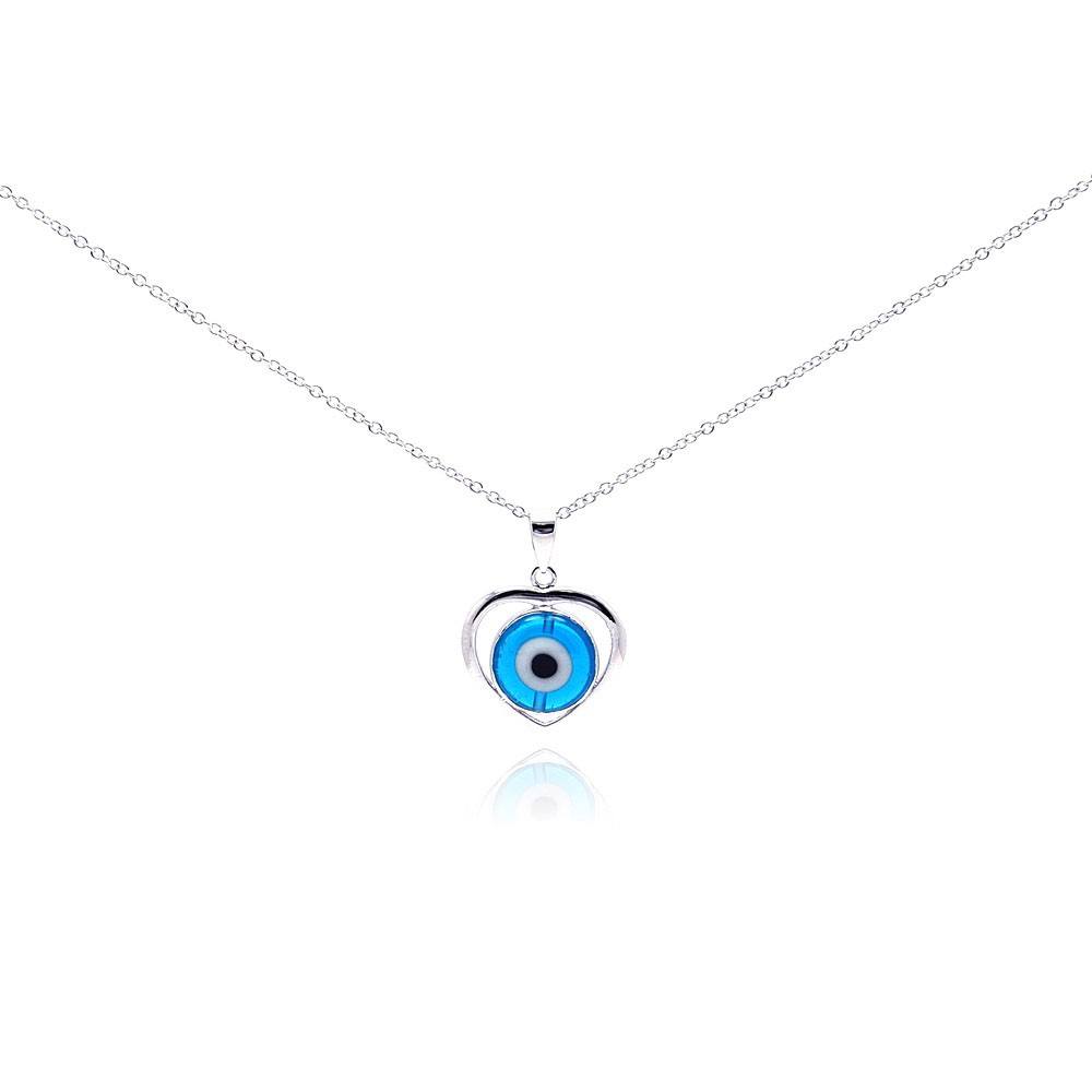 Sterling Silver Necklace with High Polished Blue Evil Eye Heart Pendant