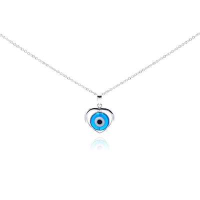 Sterling Silver Necklace with High Polished Blue Evil Eye Heart Pendant