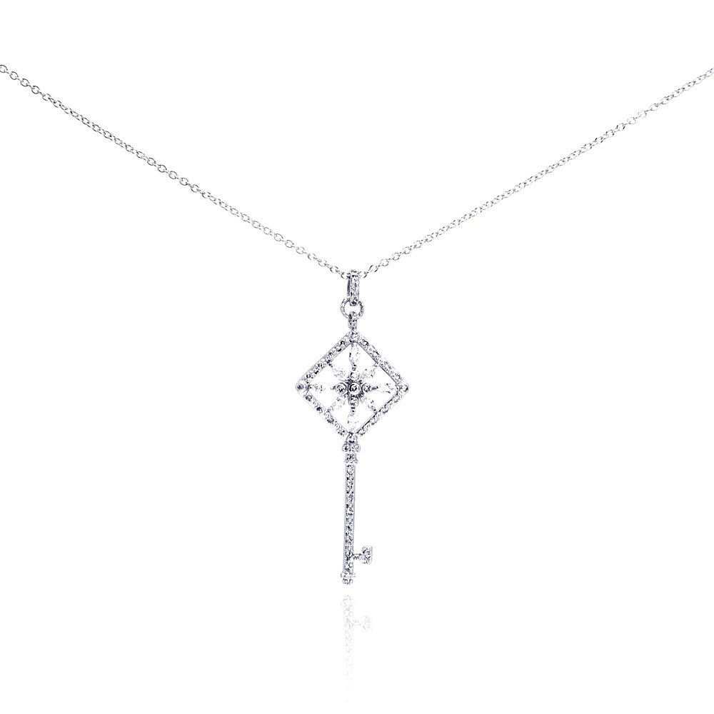 Sterling Silver Necklace with Fancy Cut-Out Filigree Key Inlaid with Clear Czs Pendant