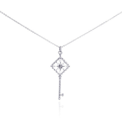 Sterling Silver Necklace with Fancy Cut-Out Filigree Key Inlaid with Clear Czs Pendant