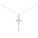 Sterling Silver Necklace with Fancy Cut-Out Filigree Key Inlaid with Clear Czs Pendant