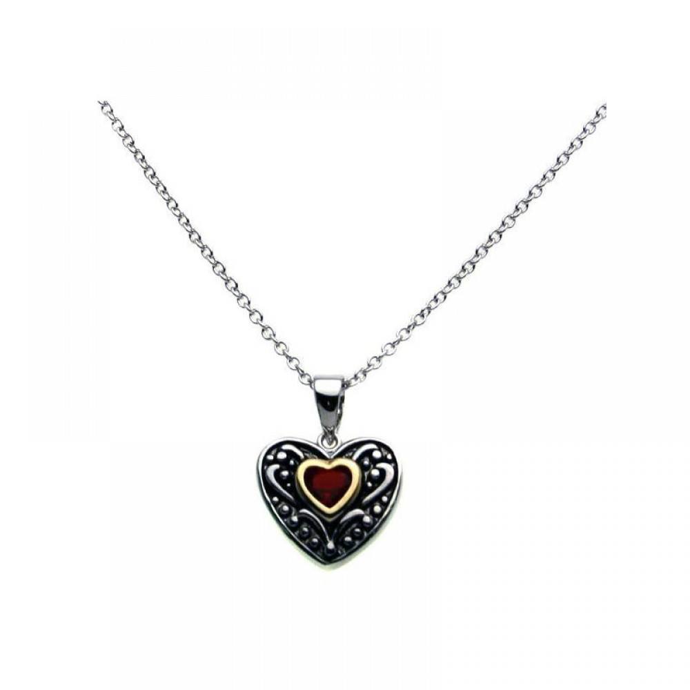 Sterling Silver Necklace with Two-Toned Antique Style Heart with Centered  Red Cz Pendant