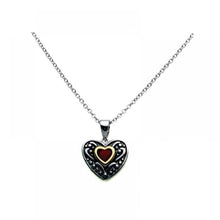 Load image into Gallery viewer, Sterling Silver Necklace with Two-Toned Antique Style Heart with Centered  Red Cz Pendant