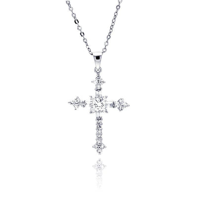 Sterling Silver Rhodium Plated Cross CZ Dangling Necklace