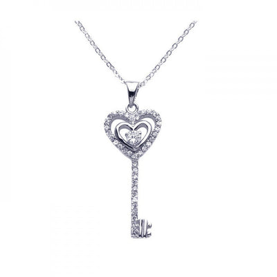 Sterling Silver Necklace with Stylish Double Heart Key Inlaid with Clear Czs Pendant