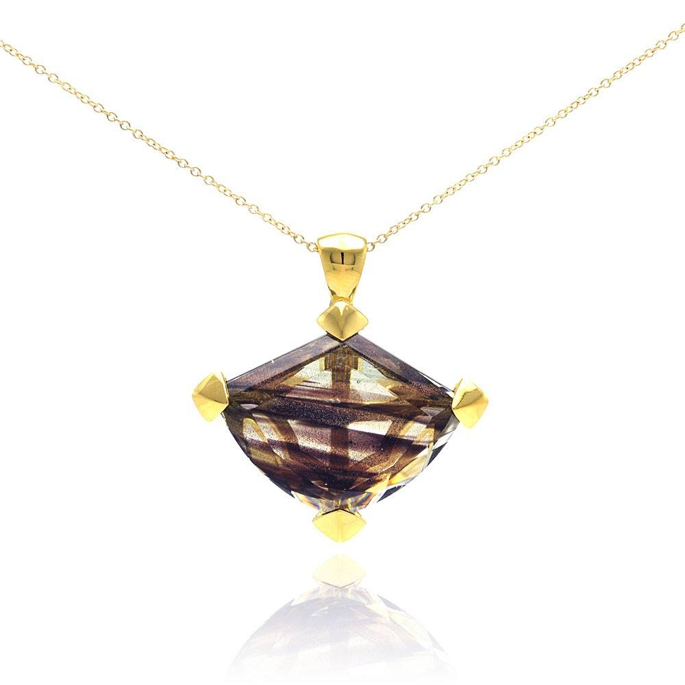 Sterling Silver Necklace with Fancy Synthetic Smoky Quartz Pendant on Gold Plated Setting