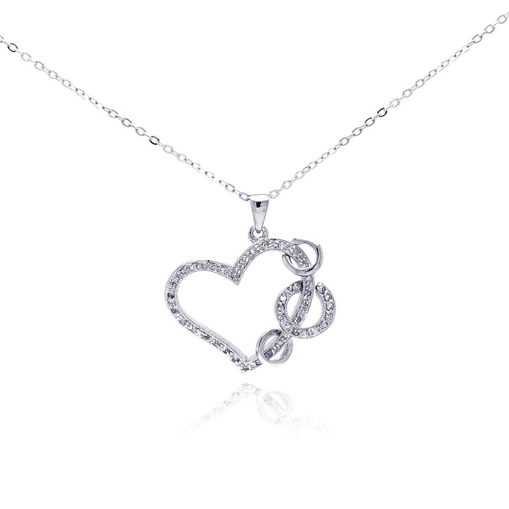 Sterling Silver Necklace with Paved Open Heart with Three Loop Design Pendant